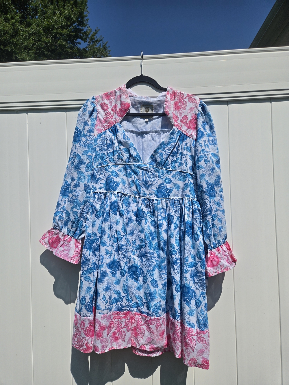 Simply Southern Blue Floral Long Sleeve Dress with Pink Accents